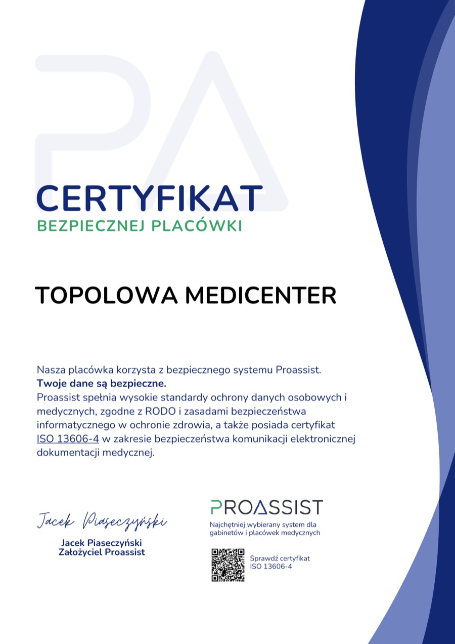 Certyfikat Bezpiecznej Placówki wystawiony dla Topolowa Medicenter przez Proassist