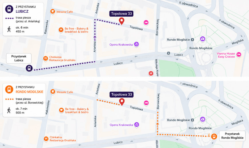 Mapka z trasami pieszymi do Topolowa Medicenter: z przystanku Lubicz przez ulicę Ariańską (ok. 6 min, 450 m) oraz z Ronda Mogilskiego przez ulicę Borowickiej (ok. 7 min, 500 m)